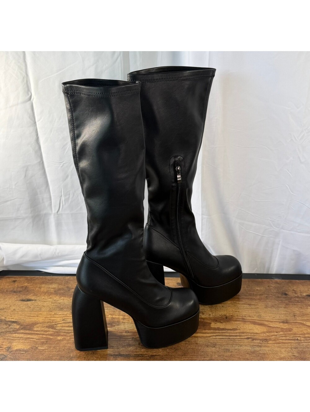 New Black Platform Knee High Boots Chunky Block Heel Side Zip Size 43 EU 11
